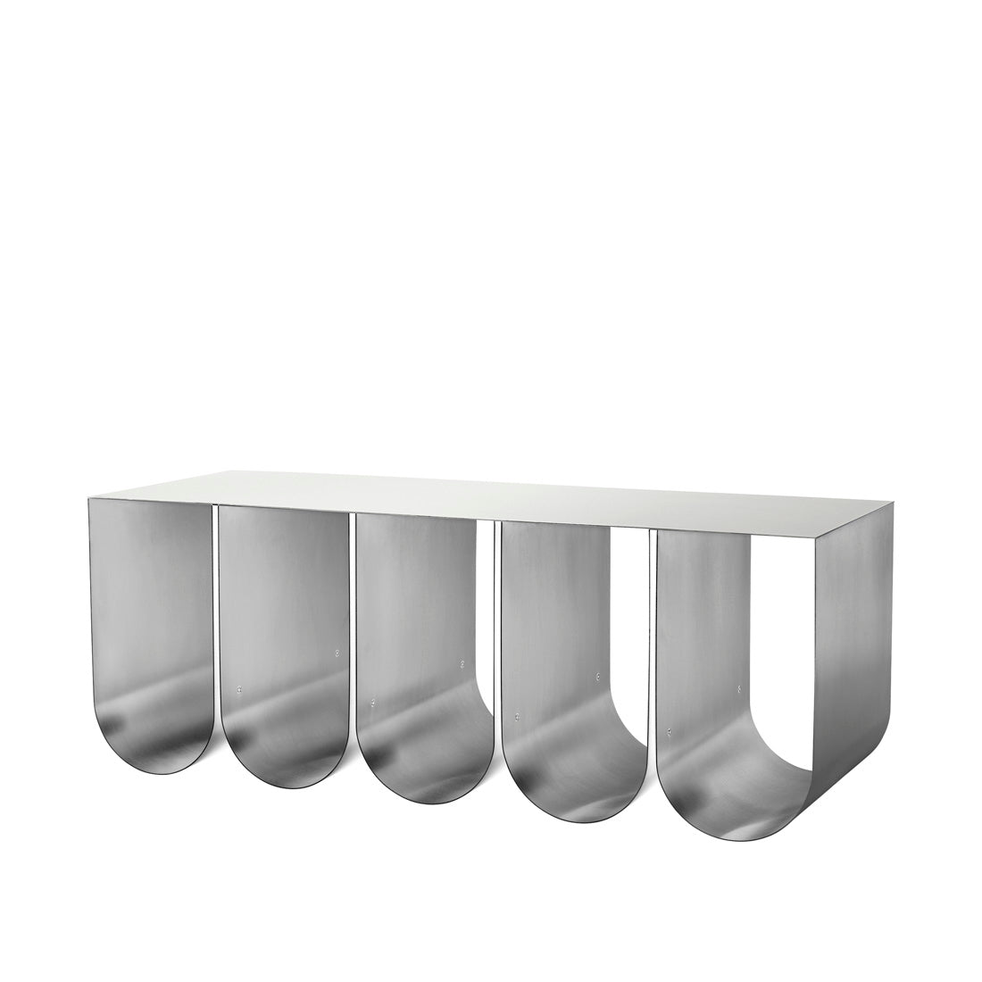 Curved Bench in brushed stainless steel by Kristina Dam Studio